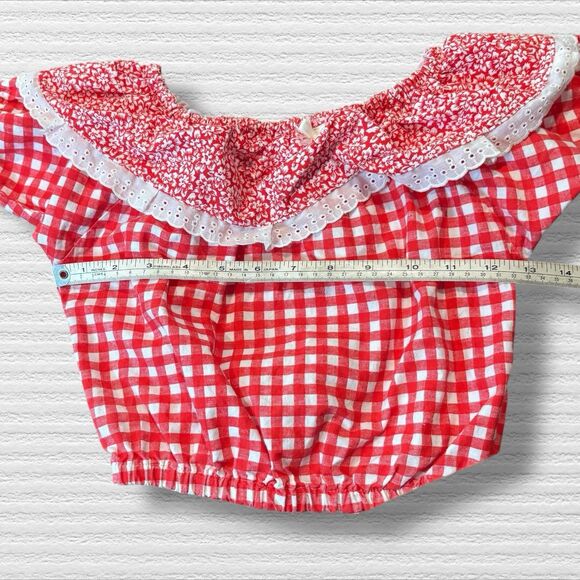 Vintage Bonjour Girls Peasant Top Red Gingham Eyelet Lace Y2K Cottagecore 10/12 - Picture 5 of 8
